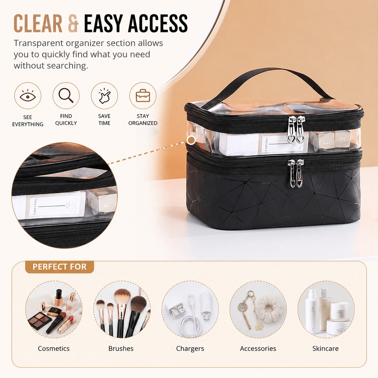 Lazer Double Layer Makeup Bag for Women – Clear Cosmetic Organizer Case, Travel Toiletry & Makeup Storage Pouch, Portable Makeup Organizer (Black)