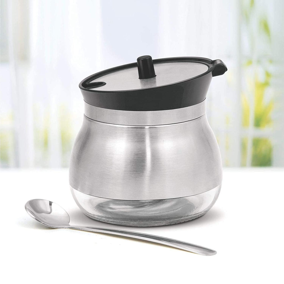 Lazer Glass & Stainless Steel Storage Jar with Spoon, 270 ml | Airtight Wide Mouth Container for Ghee, Sugar, Oil & Pickle | Kitchen Storage