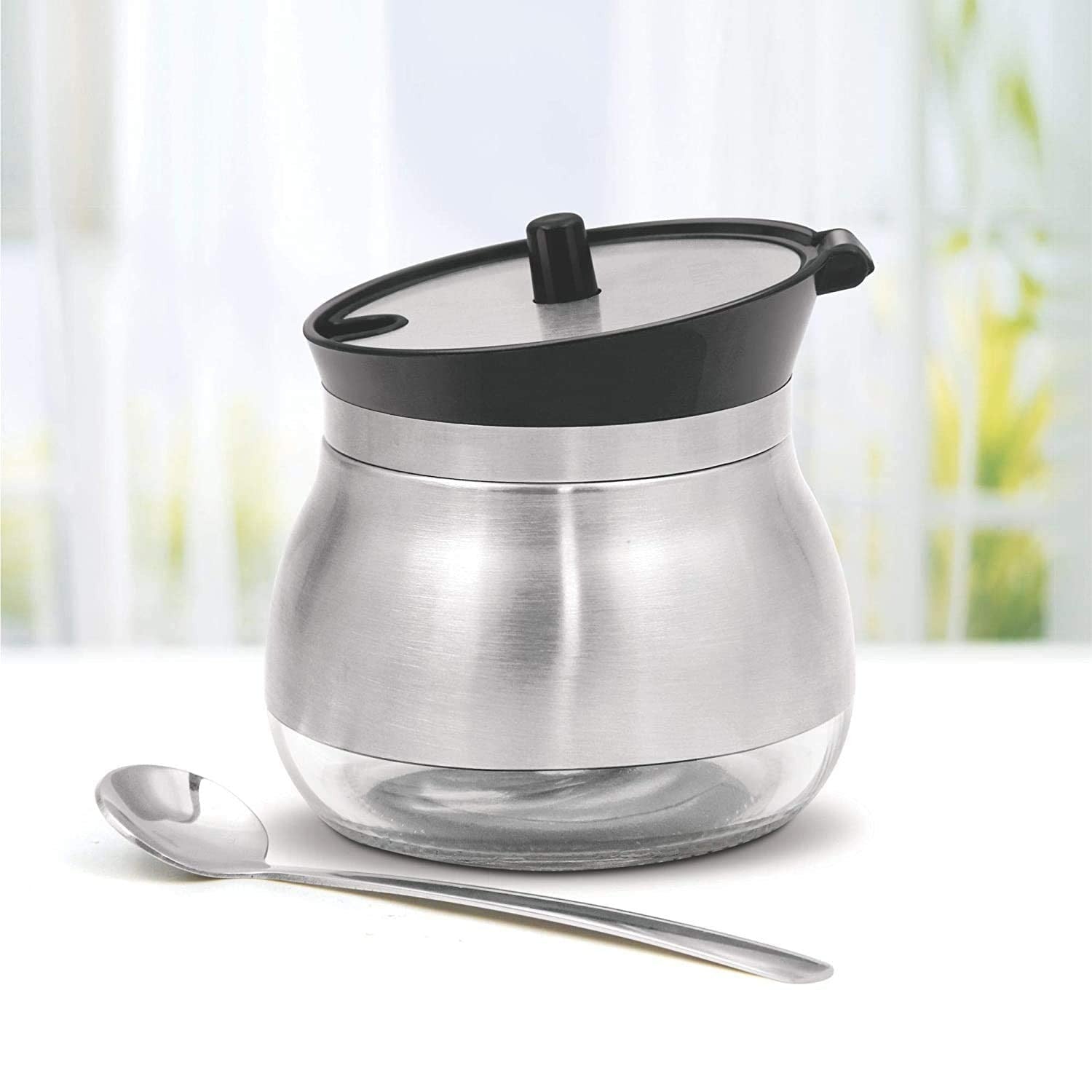 Lazer Glass & Stainless Steel Storage Jar with Spoon, 270 ml | Airtight Wide Mouth Container for Ghee, Sugar, Oil & Pickle | Kitchen Storage