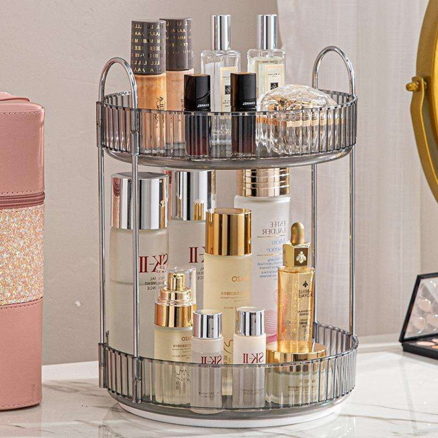Lazer 360° Rotating Makeup Organizer – 2 Tier Grey Vanity Storage for Skincare, Perfume & Cosmetics (High Capacity Clear Display)