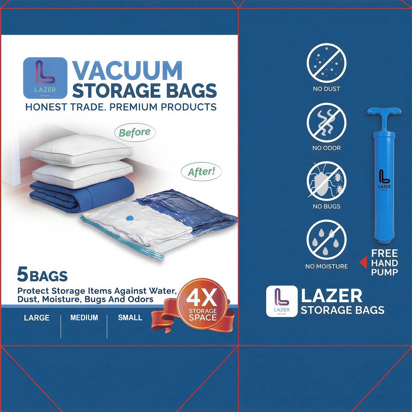 Lazer 5 Pack Space Saver Reusable Vacuum Bags for Travel with Hand Pump (1 Large/2 Medium/2 Small) Polyethylene Airtight Compression Storage for Packing Vaccine Sealer Bag with Ziplock - Transparent
