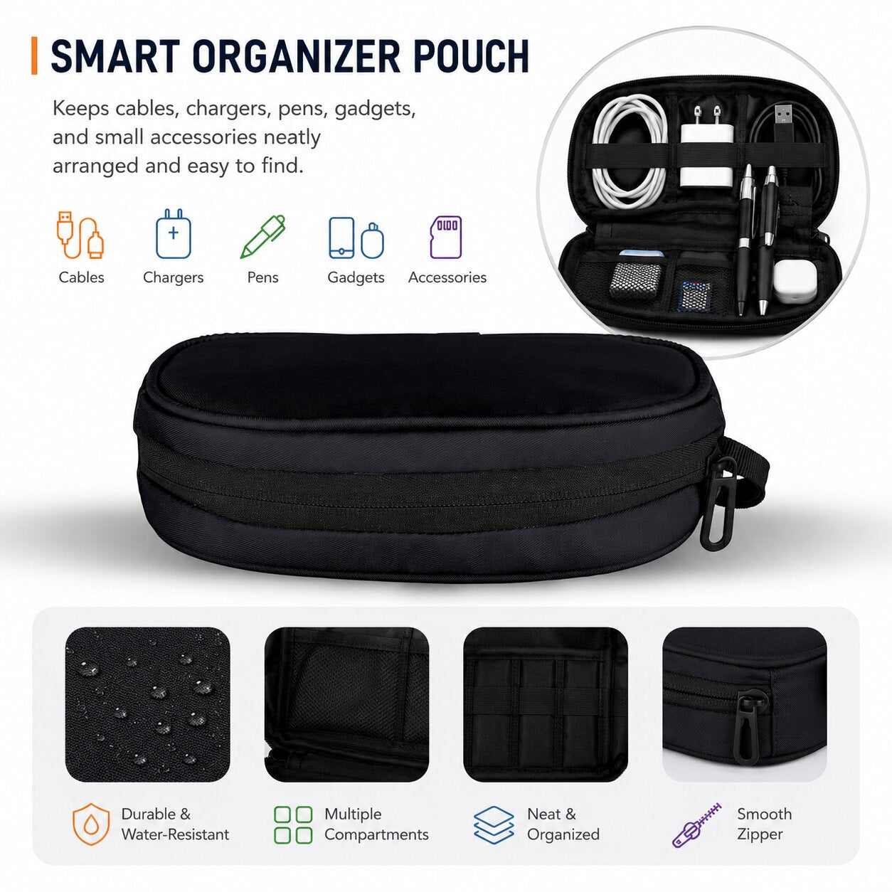 Lazer Premium Travel Pouch Multipurpose Organizer Bag for Toiletries, Cables, Stationery & Daily Essentials | Lightweight Zipper Carry Case for Travel, School & Office (Black)