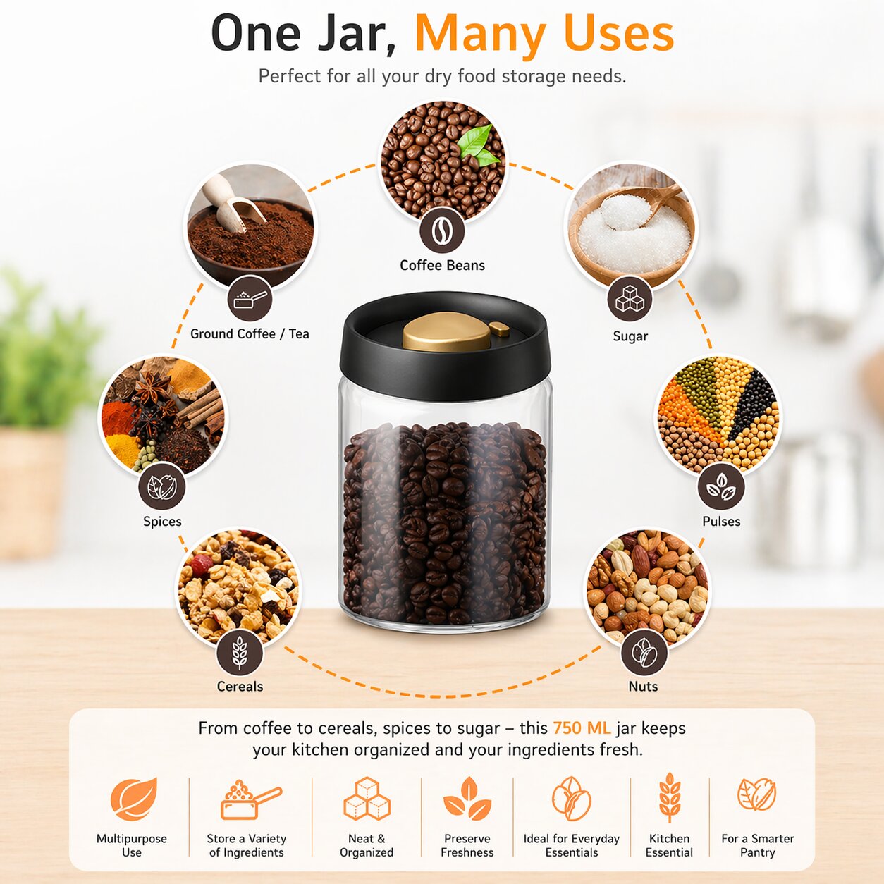 Lazer 750 ML Vacuum Borosilicate Glass Jar with Airtight Lid, Food Saver Sealer Attachment, Storage Container for Coffee Beans, Oats, Spices, Sugar