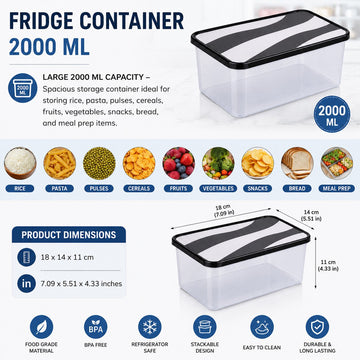 Lazer 2000 ML Fridge Storage Container Set of 4 with Lid | BPA-Free Plastic Food Storage Boxes for Rice, Pasta, Pulses, Cereals, Fruits, Vegetables & Meal Prep | Kitchen Organizer Containers, Black