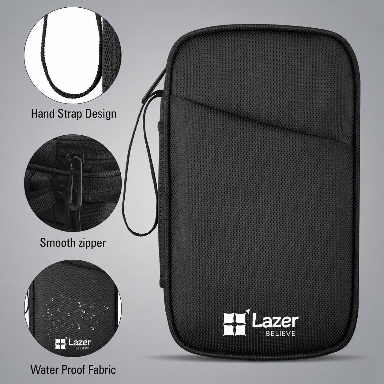 Lazer Travel Organizer Pouch with Wrist Strap, Premium Zippered Storage Case for Passport, Documents, Cables, Gadgets & Accessories, Lightweight Durable Portable Bag (Black)