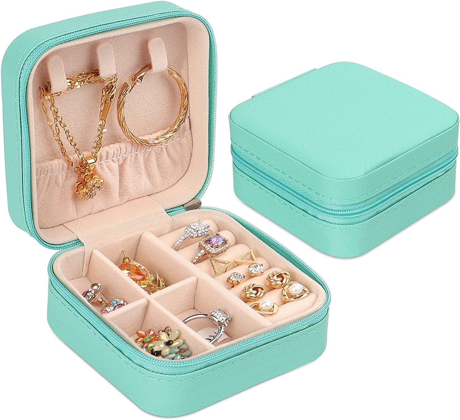 Lazer Jewellery Organiser PU Leather Zipper Square Portable Mini Square Storage Box Case with Dividers Container for Rings, Earrings, Necklace Home Organizer