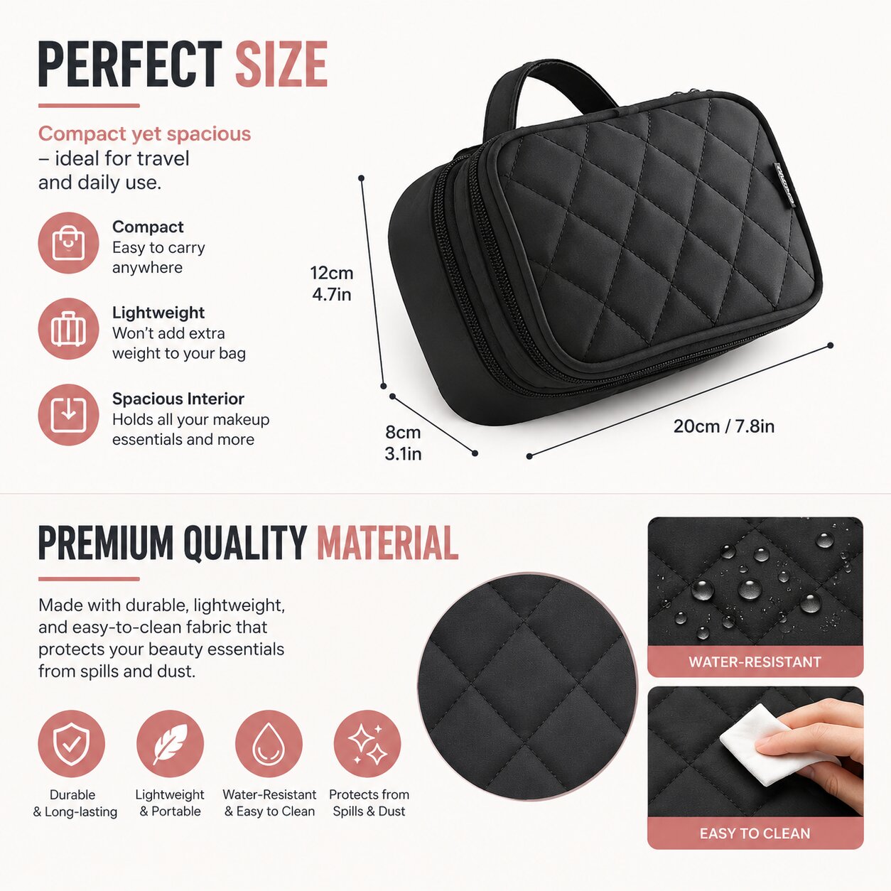Lazer Makeup Pouch Bag Organiser with Mirror – Large Travel Cosmetic Vanity Bag for Women, Portable Makeup Organizer Case, Black