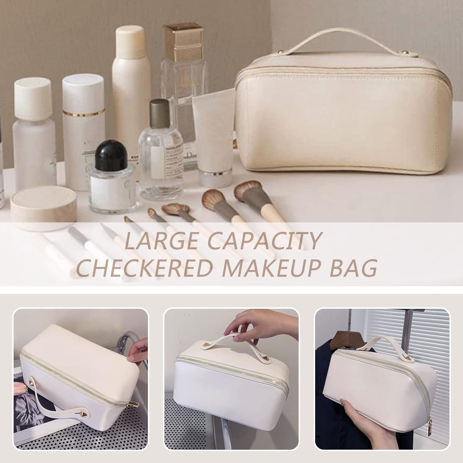 Lazer Travel Cosmetic Makeup Pouches for Women Travel Organizer Bag Portable Pouch Open Flat Toiletry Bag Make Up Organizer with Divider and Handle (White)