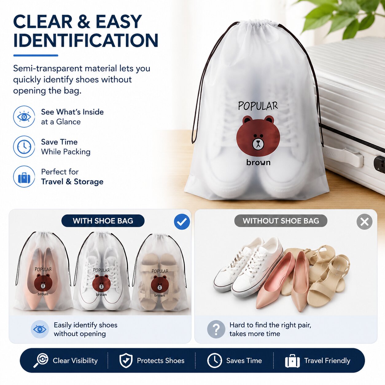 Lazer Travel Pack of 10 Shoe Bags for Packing, Drawstring Dustproof Shoe Storage Bags, Portable Clear Shoe Pouches for Men & Women, Large 30 x 35 cm