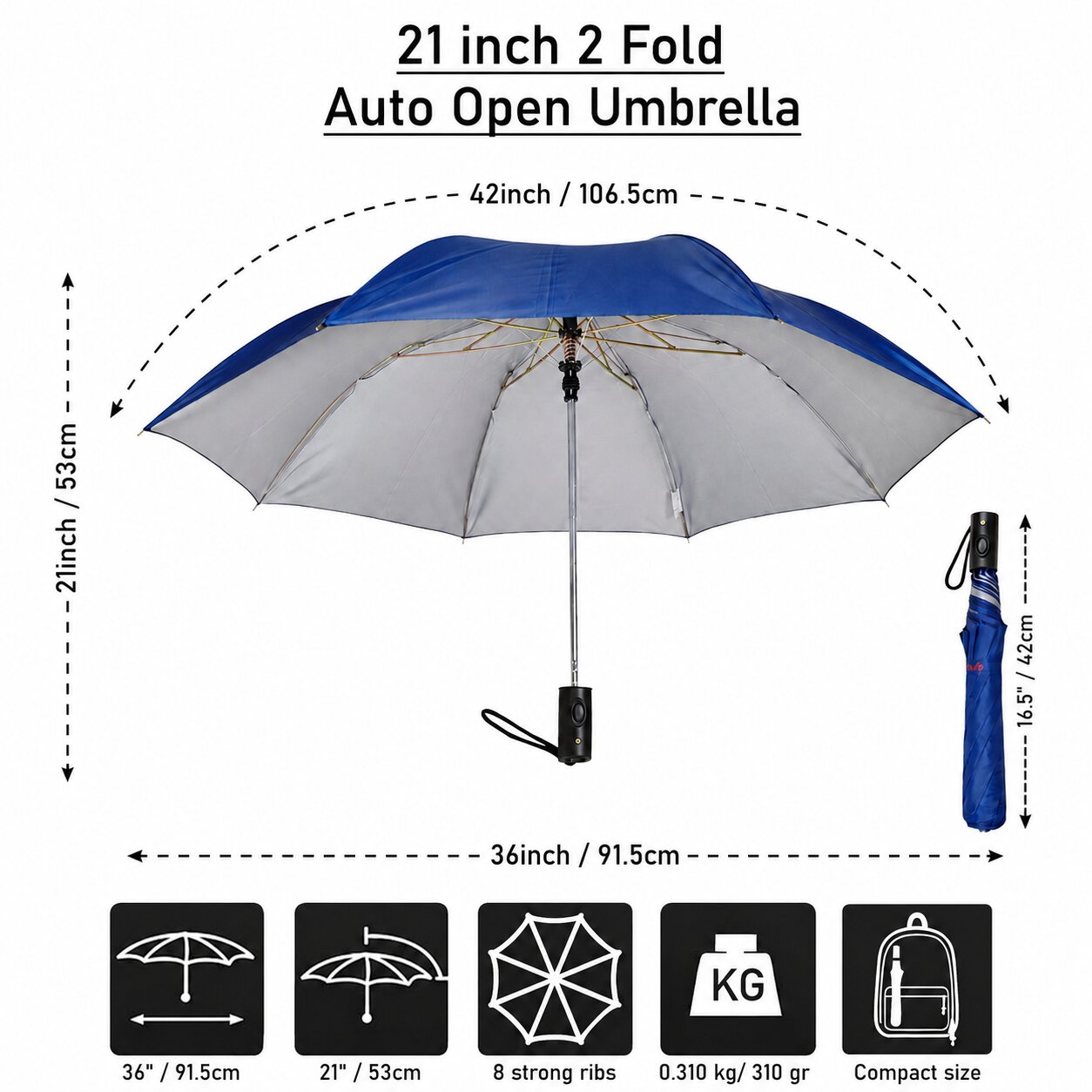 Lazer Shine 2-Fold 42 Inches Umbrella – Auto Open, Waterproof, Windproof, UPF 50+ Sun Protection, Large Compact Umbrella for Men, Women & Kids, Navy Blue