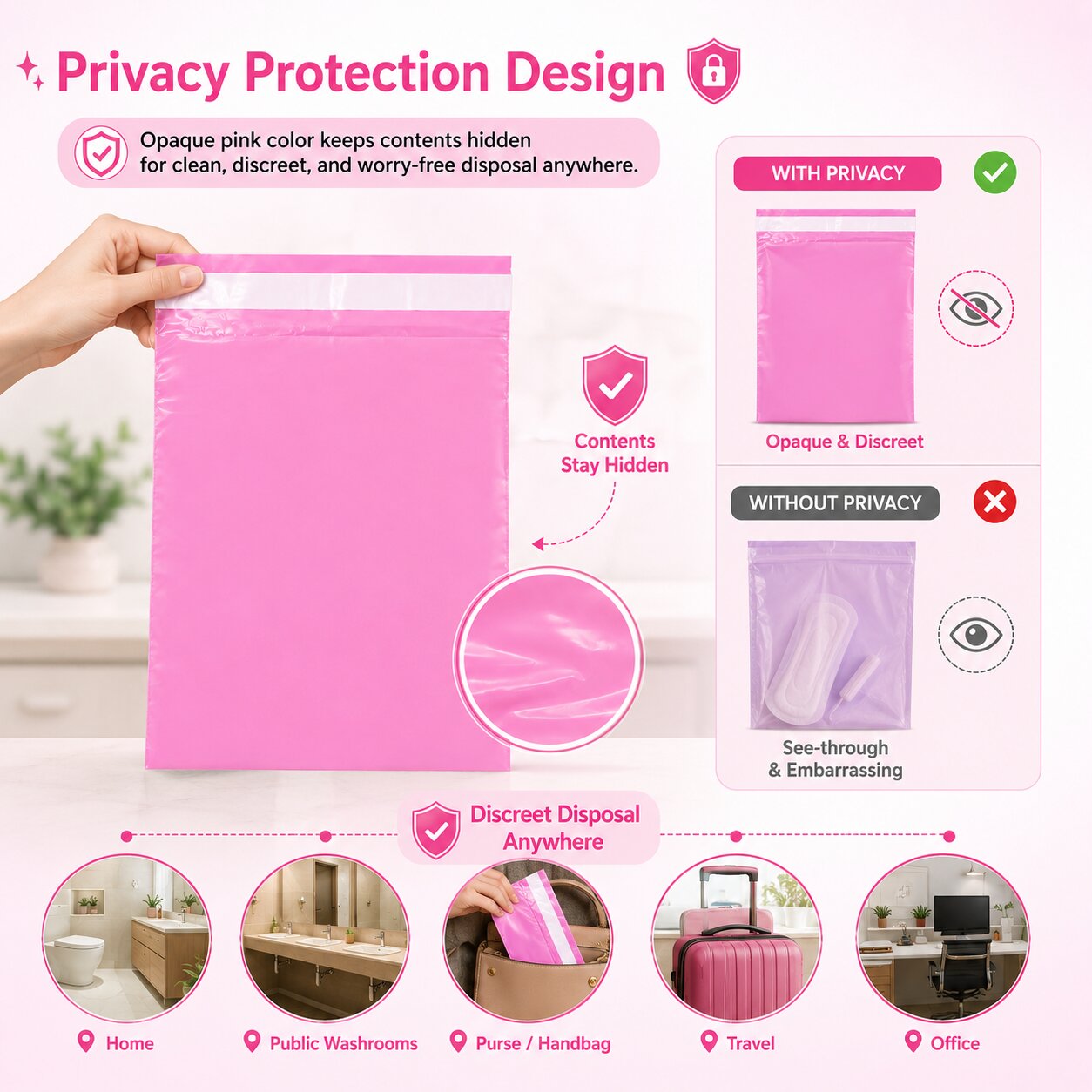 Lazer Pack of 20 Sanitary Napkin Disposal Bags for Women | Pink Self-Sealing Feminine Hygiene Disposal Bags for Pads & Tampons | Leakproof Privacy Disposal Covers | 8 x 11 Inches
