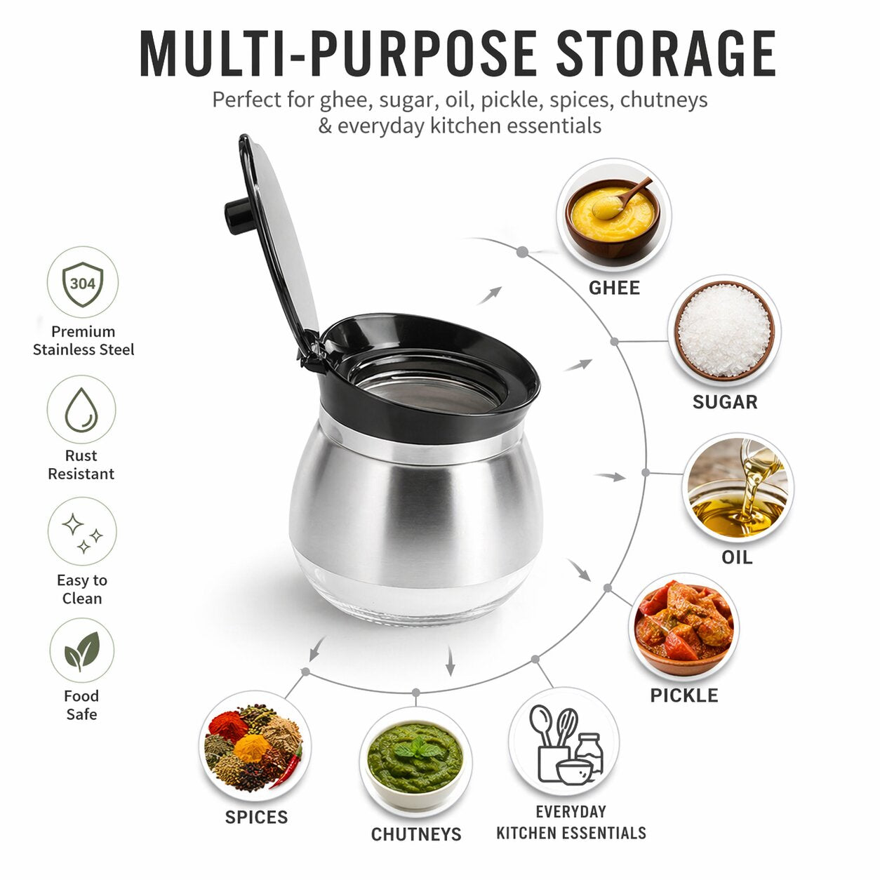 Lazer Glass & Stainless Steel Storage Jar with Spoon, 270 ml | Airtight Wide Mouth Container for Ghee, Sugar, Oil & Pickle | Kitchen Storage
