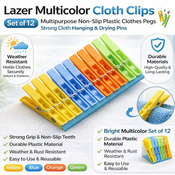Lazer Multicolor Cloth Clips Set of 12 | Multipurpose Non-Slip Plastic Clothes Pegs | Strong Cloth Hanging & Drying Pins