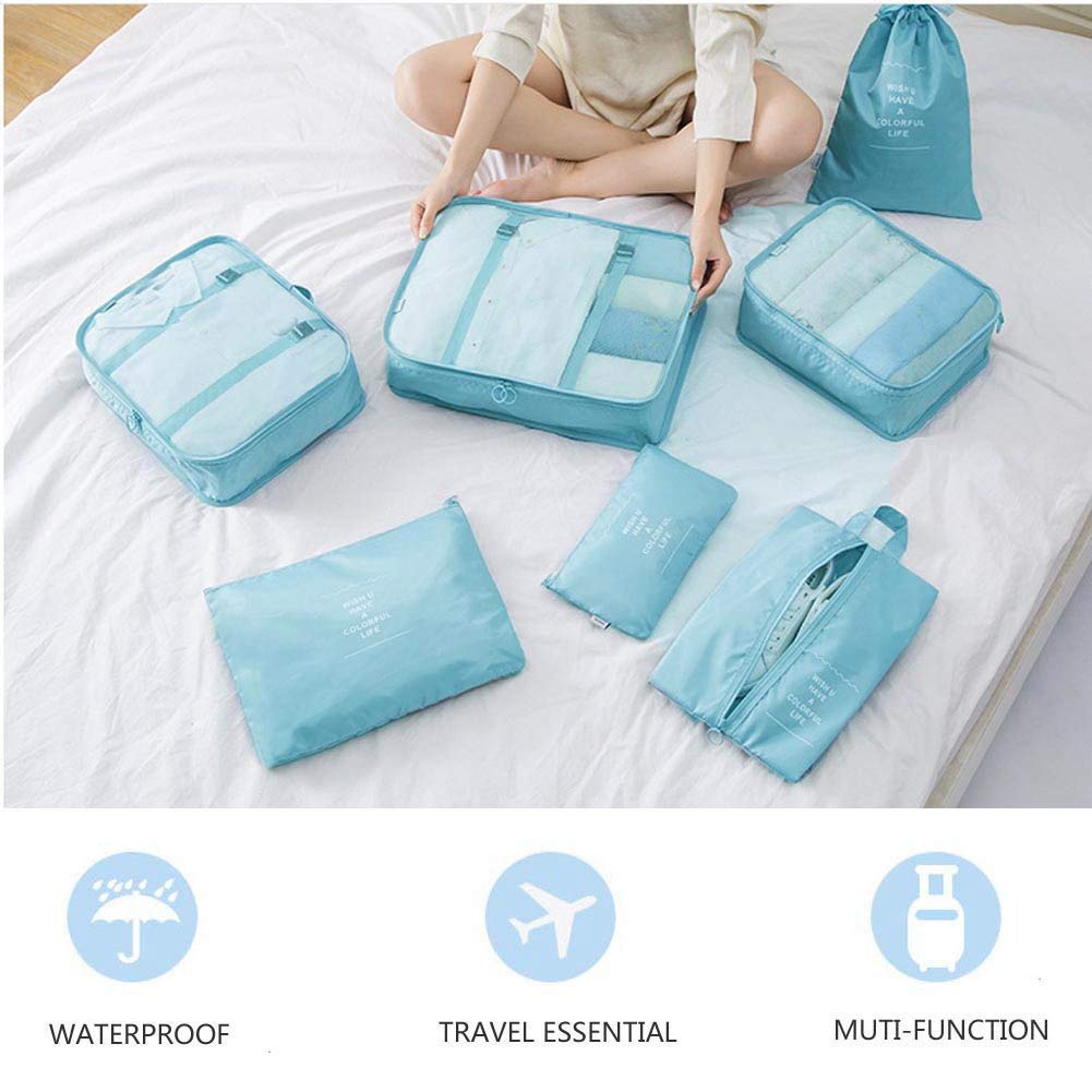 Lazer Polyester 7 Set Travel Organizer Bag 3 Packing Cubes + 3 Pouches + 1 Toiletry Organizer Bag W-28 Cm, H-11 Centimeters - Light Blue