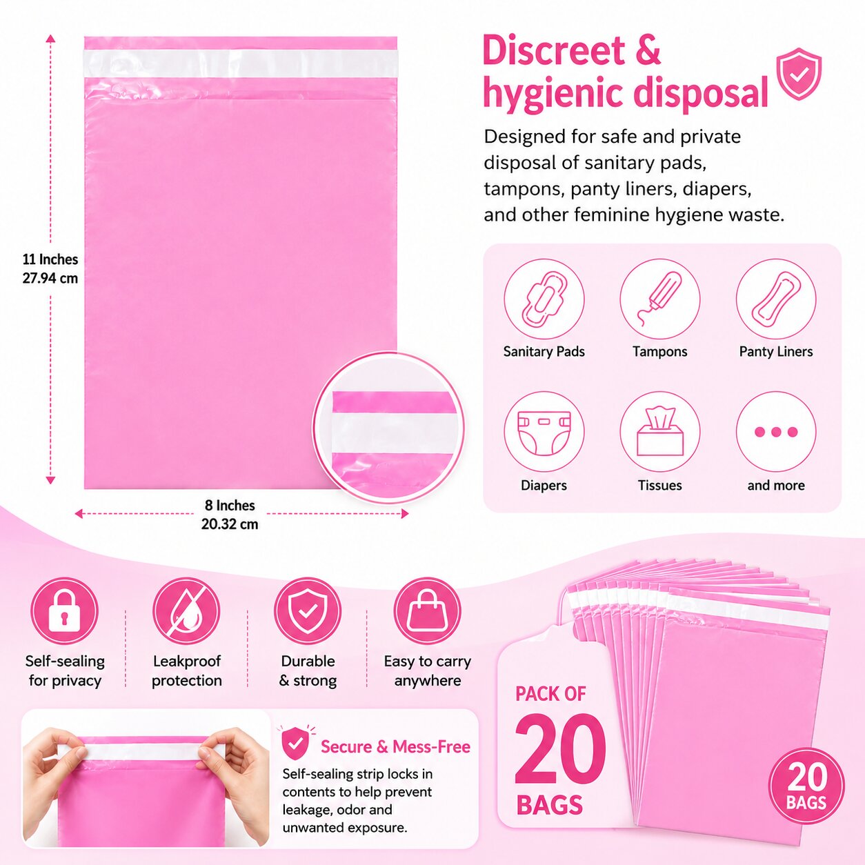 Lazer Pack of 20 Sanitary Napkin Disposal Bags for Women | Pink Self-Sealing Feminine Hygiene Disposal Bags for Pads & Tampons | Leakproof Privacy Disposal Covers | 8 x 11 Inches