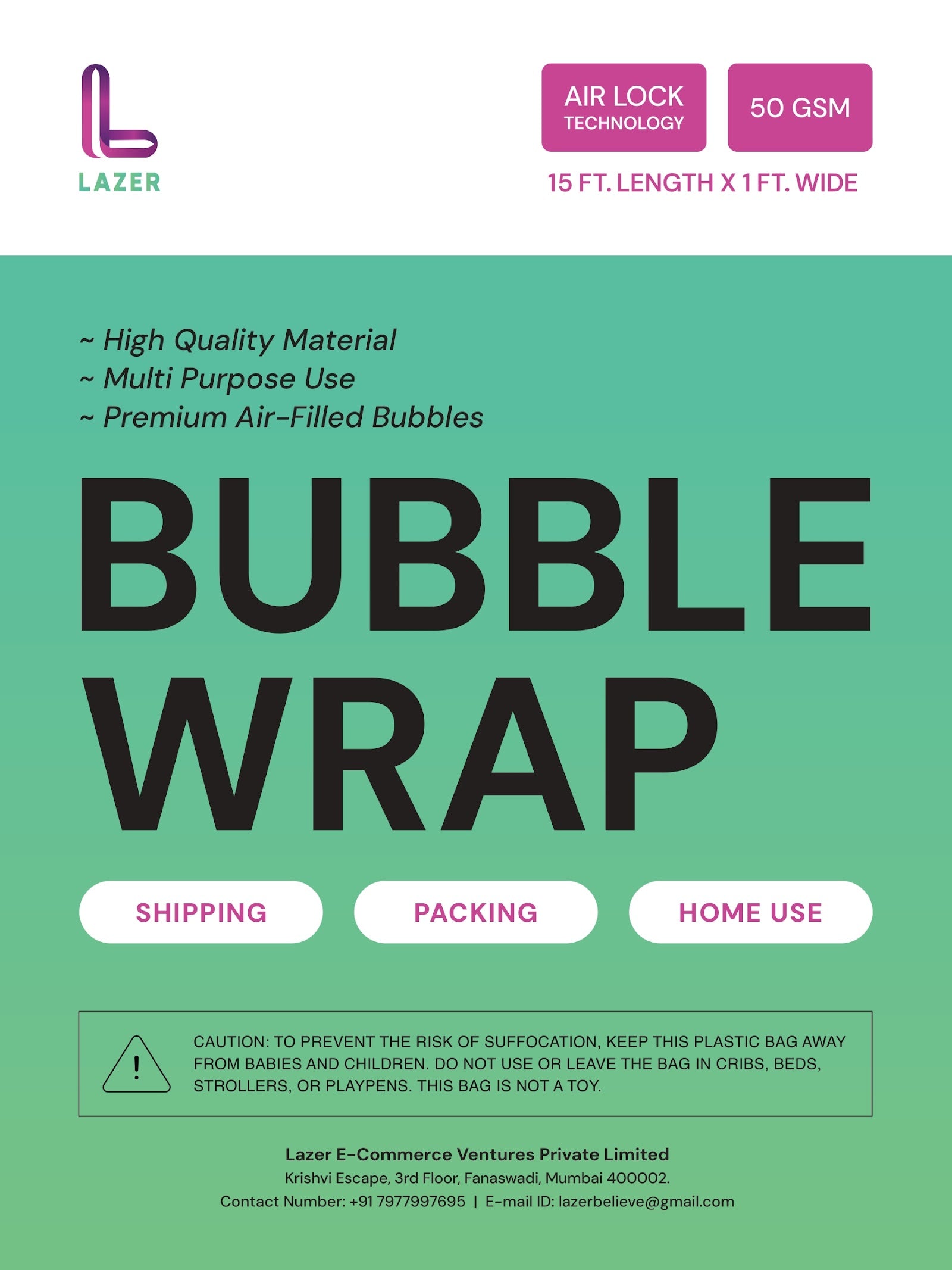 Lazer 50 GSM Pack of 2 Bubble Wrap Roll – 1 Ft Wide x 15 Ft Long, Thick Cushioning for Shipping, Moving & Storage
