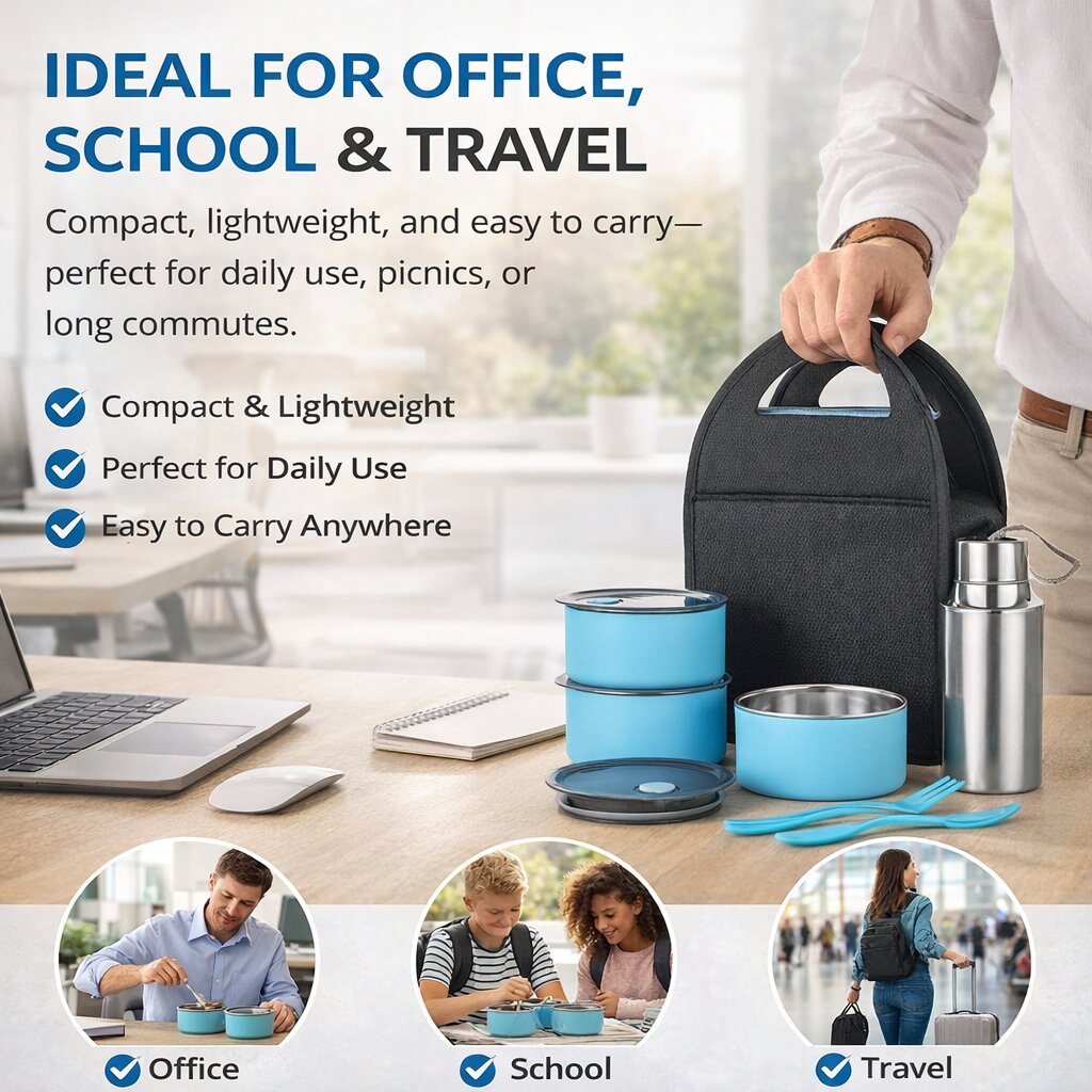 Lazer Stainless Steel Lunch Box Set 770ml – 3 Leakproof Containers, 500ml Steel Water Bottle, Cutlery & Insulated Carry Bag for Office, School & Travel (Blue)