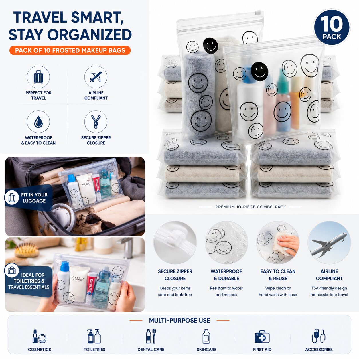 Lazer Pack of 10 Frosted Makeup Bags – Clear Cosmetic Travel Pouches with Zippers, Portable, Waterproof, Airline Compliant PE Bags for Women & Men, 8*5 Inches