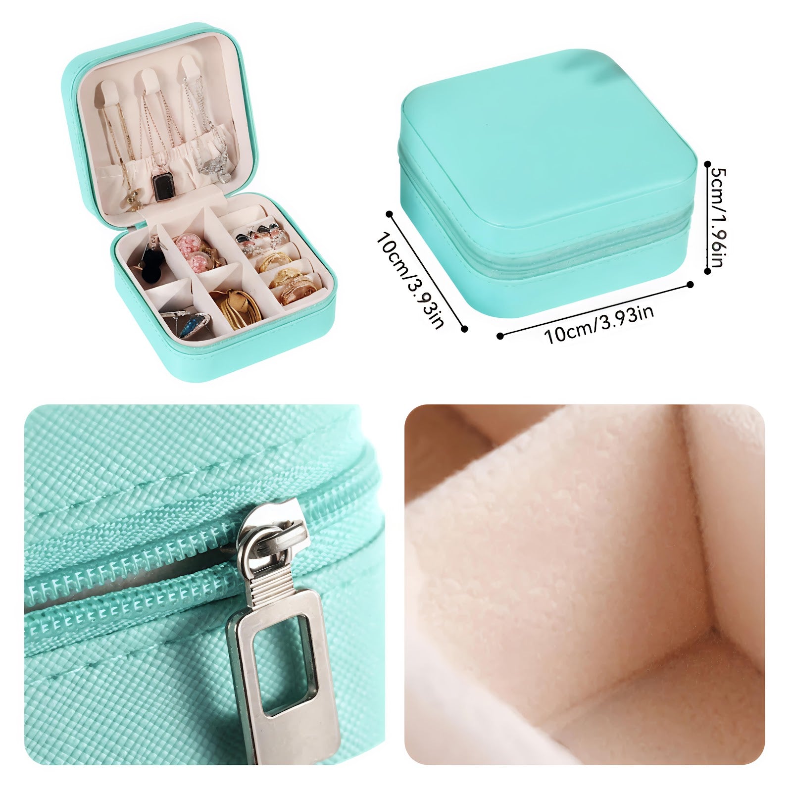 Lazer Jewellery Organiser PU Leather Zipper Square Portable Mini Square Storage Box Case with Dividers Container for Rings, Earrings, Necklace Home Organizer