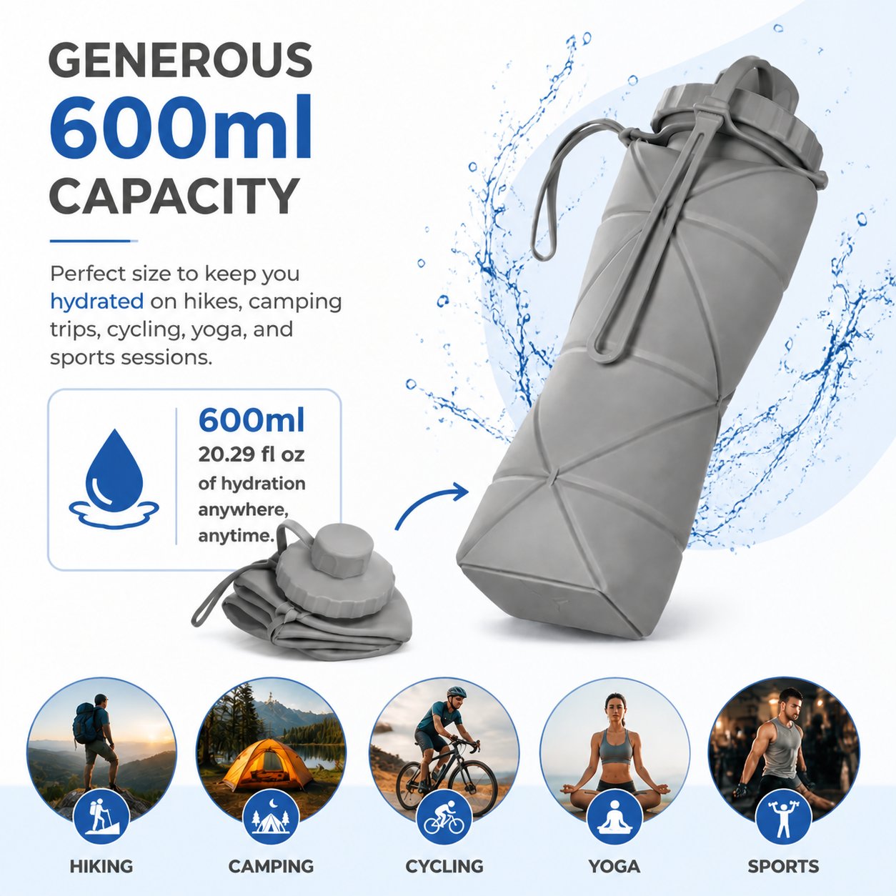 Lazer Silicone Foldable Travel Water Bottle 600ml – BPA-Free, Leakproof & Reusable for Hiking, Camping, Cycling, Yoga & Outdoor Sports (Grey)