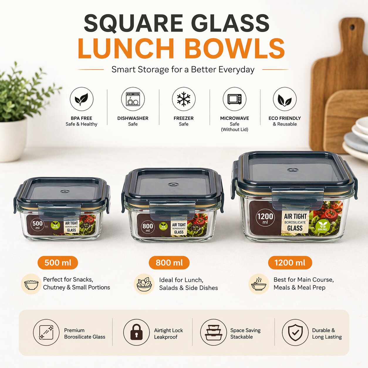 Lazer Glass Lunch Boxes Set of 3 Airtight Leakproof Food Storage Containers (500ml, 800ml, 1200ml) with Locking Lid, Microwave Safe, BPA-Free Meal Prep for Office & Home