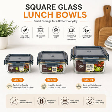 Lazer Glass Lunch Boxes Set of 3 Airtight Leakproof Food Storage Containers (500ml, 800ml, 1200ml) with Locking Lid, Microwave Safe, BPA-Free Meal Prep for Office & Home