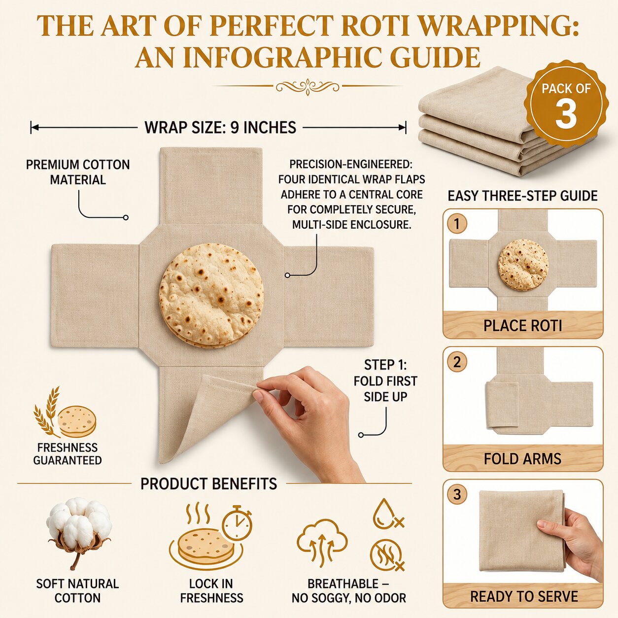 Lazer Double Layer Roti Wrap – Pack of 3 Premium Cotton Chapati Covers with Flaps, Soft & Durable Cotton Seed Fabric for Roti, Paratha, Phulka, Hot Case Kitchen Use
