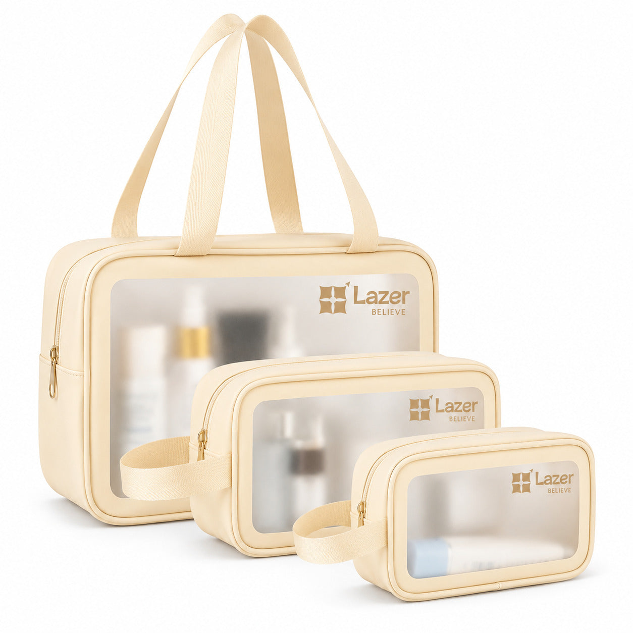 Lazer Makeup Travel Pouch, Cosmetic Bag, Travel kit Pouch for Toiletries, Brushes and Cosmetics - Set of 3 - Washbag Pouch - Cream