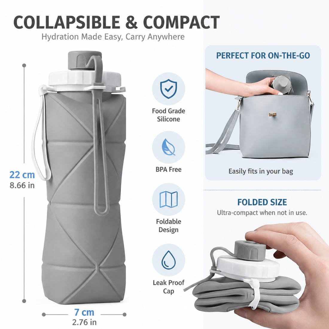 Lazer Silicone Foldable Travel Water Bottle 600ml – BPA-Free, Leakproof & Reusable for Hiking, Camping, Cycling, Yoga & Outdoor Sports (Grey)