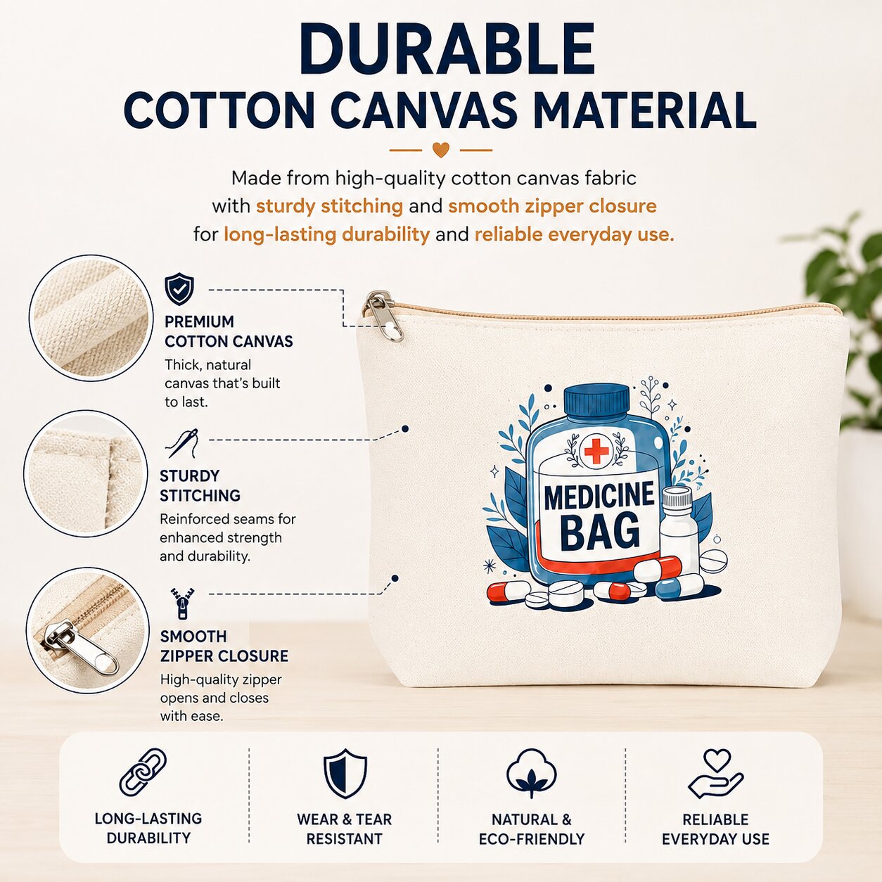 Lazer Printed Cotton Canvas Travel Pouch Set of 2 – Medicine Bag & Toiletry Organizer for Medications, Cosmetics, Toiletries & Daily Essentials