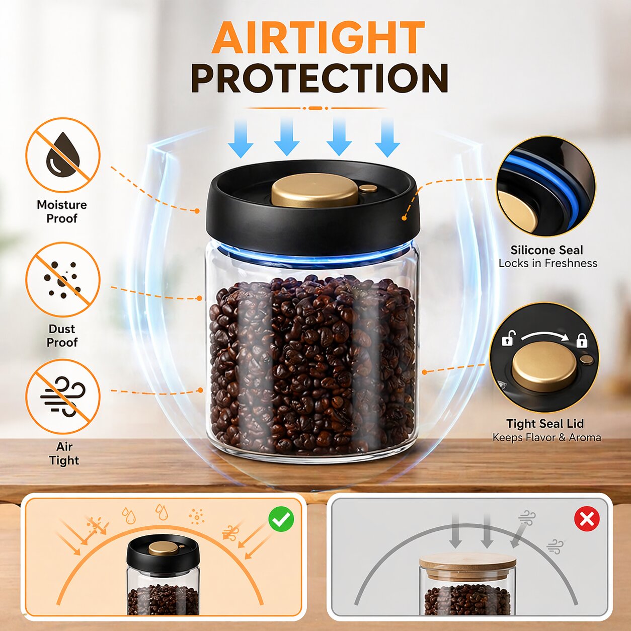 Lazer 750 ML Vacuum Borosilicate Glass Jar with Airtight Lid, Food Saver Sealer Attachment, Storage Container for Coffee Beans, Oats, Spices, Sugar