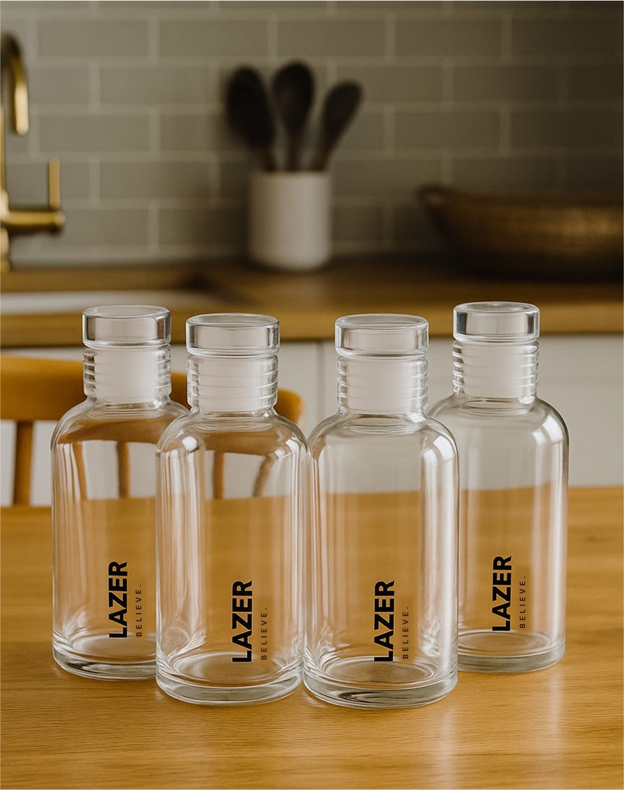 Lazer Pure Borosilicate Glass Water Bottle Set of 4 – 300ml Each, BPA-Free, Eco-Friendly, Durable & Leak-Proof Transparent Bottles