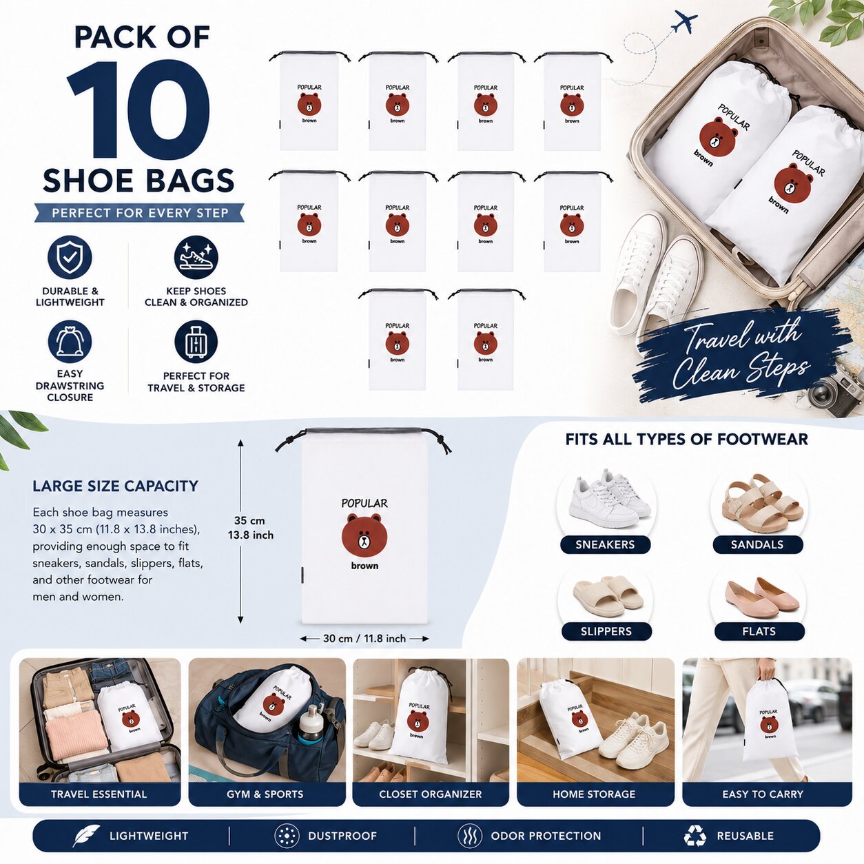 Lazer Travel Pack of 10 Shoe Bags for Packing, Drawstring Dustproof Shoe Storage Bags, Portable Clear Shoe Pouches for Men & Women, Large 30 x 35 cm