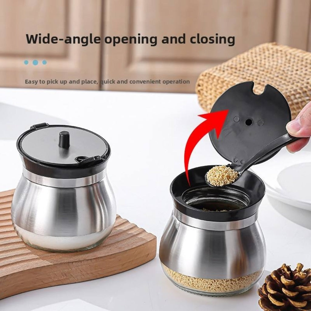 Lazer Glass & Stainless Steel Storage Jar with Spoon, 270 ml | Airtight Wide Mouth Container for Ghee, Sugar, Oil & Pickle | Kitchen Storage