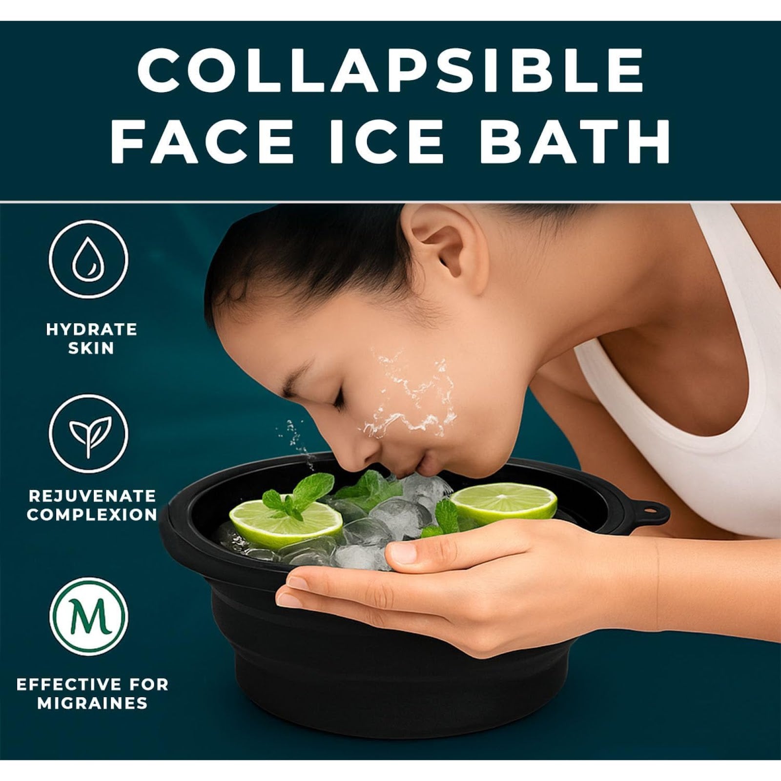 Lazer Silicone Collapsible Face Bowl with Ice Tray, BPA-Free Round Face Bath Bowl for Skincare, Soaking & Washing, Dishwasher Safe (Black, Pack of 1)