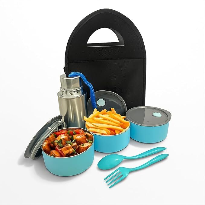 Lazer Stainless Steel Lunch Box Set 770ml – 3 Leakproof Containers, 500ml Steel Water Bottle, Cutlery & Insulated Carry Bag for Office, School & Travel (Blue)