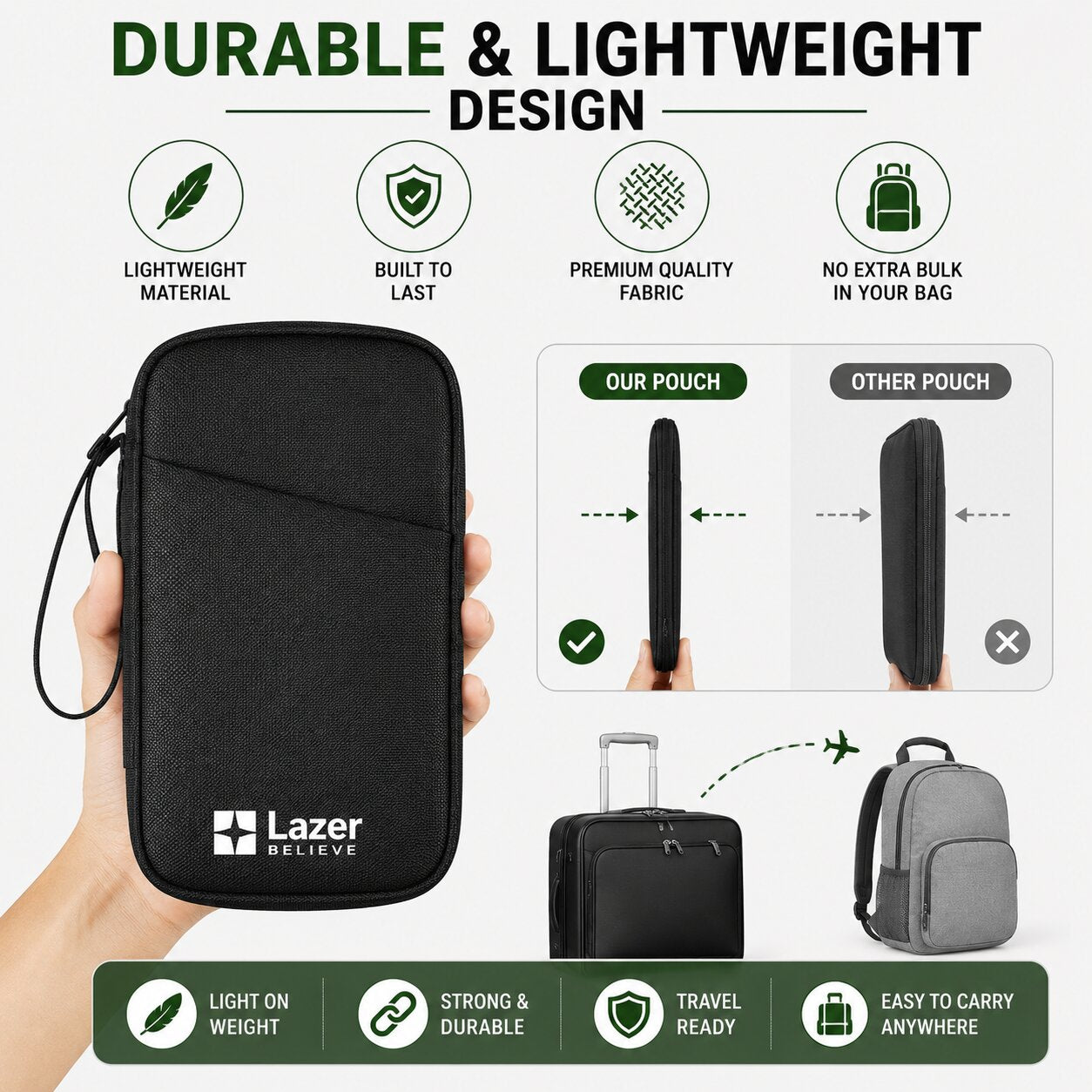 Lazer Travel Organizer Pouch with Wrist Strap, Premium Zippered Storage Case for Passport, Documents, Cables, Gadgets & Accessories, Lightweight Durable Portable Bag (Black)