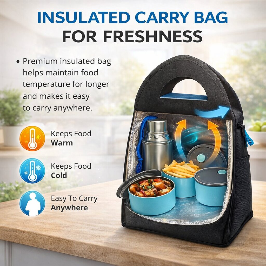 Lazer Stainless Steel Lunch Box Set 770ml – 3 Leakproof Containers, 500ml Steel Water Bottle, Cutlery & Insulated Carry Bag for Office, School & Travel (Blue)