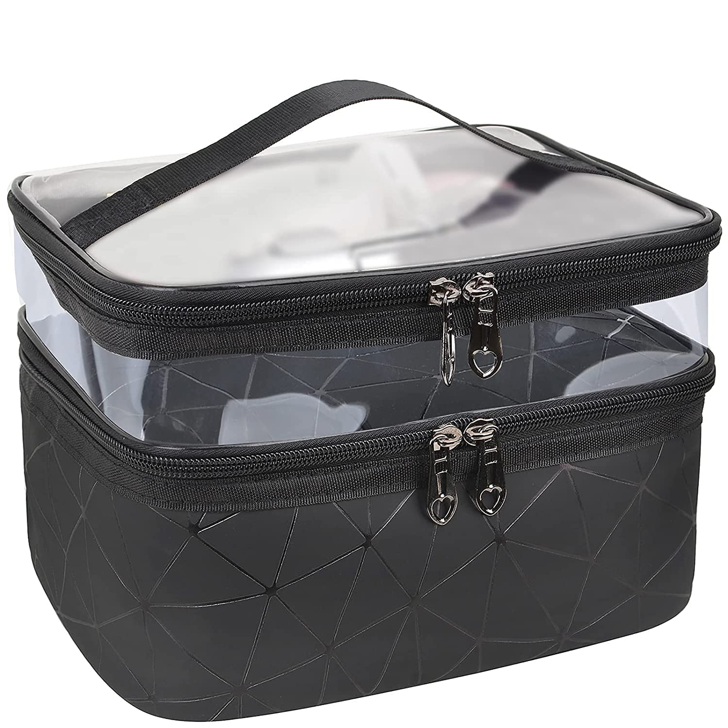 Lazer Double Layer Makeup Bag for Women – Clear Cosmetic Organizer Case, Travel Toiletry & Makeup Storage Pouch, Portable Makeup Organizer (Black)