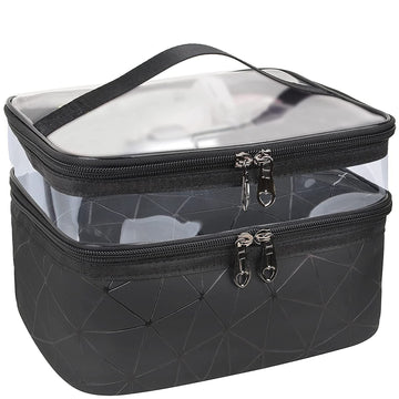 Lazer Double Layer Makeup Bag for Women – Clear Cosmetic Organizer Case, Travel Toiletry & Makeup Storage Pouch, Portable Makeup Organizer (Black)