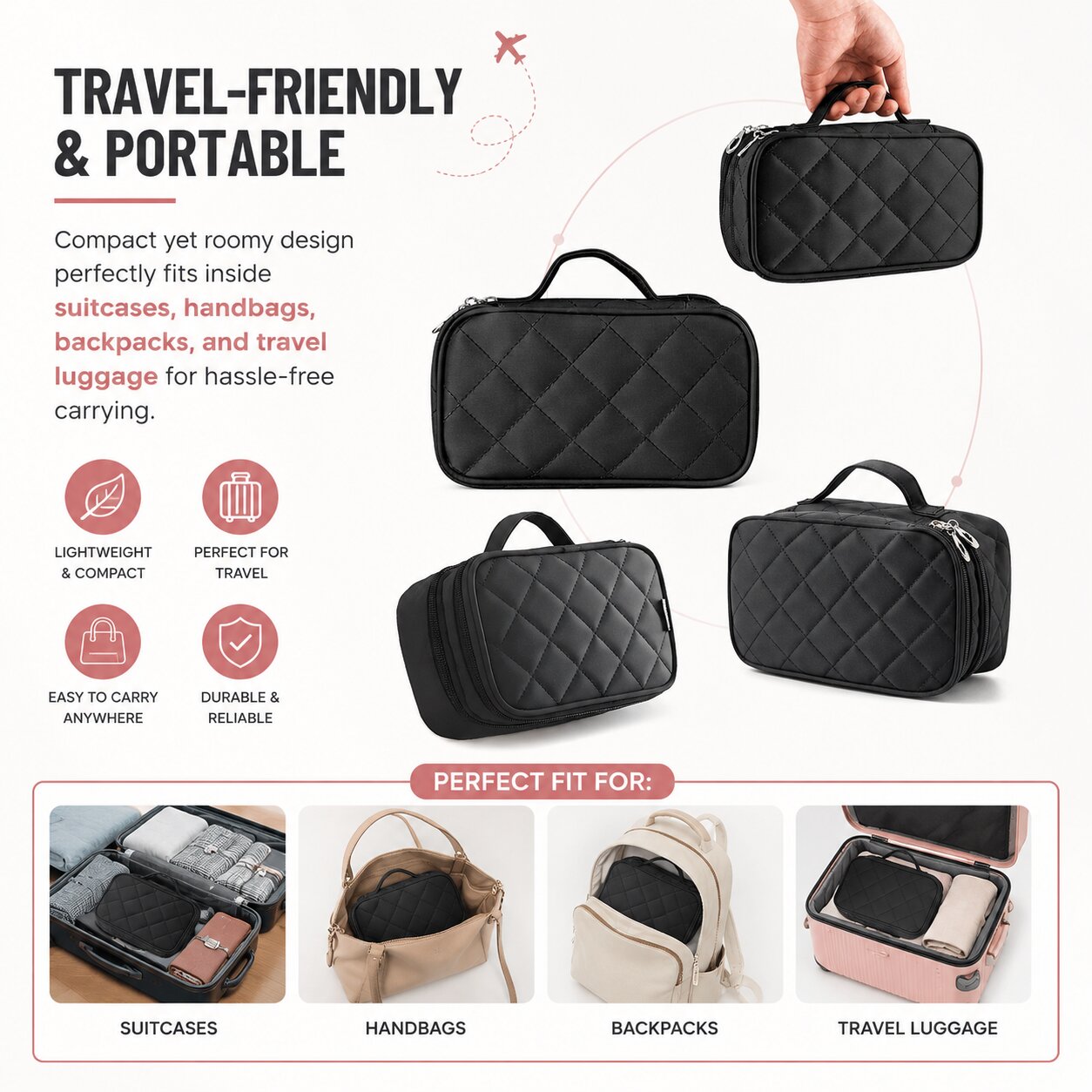 Lazer Makeup Pouch Bag Organiser with Mirror – Large Travel Cosmetic Vanity Bag for Women, Portable Makeup Organizer Case, Black