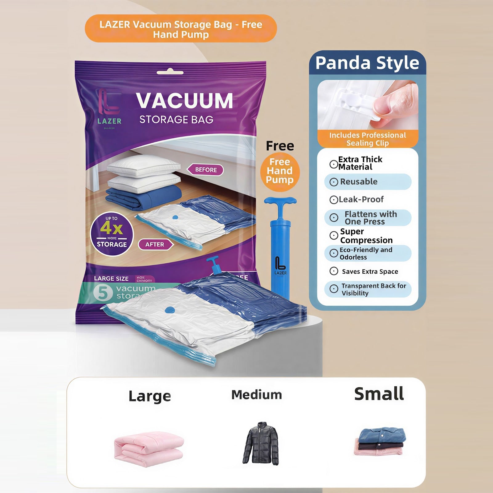 Lazer 5 Pack Space Saver Reusable Vacuum Bags for Travel with Hand Pump (1 Large/2 Medium/2 Small) Polyethylene Airtight Compression Storage for Packing Vaccine Sealer Bag with Ziplock - Transparent
