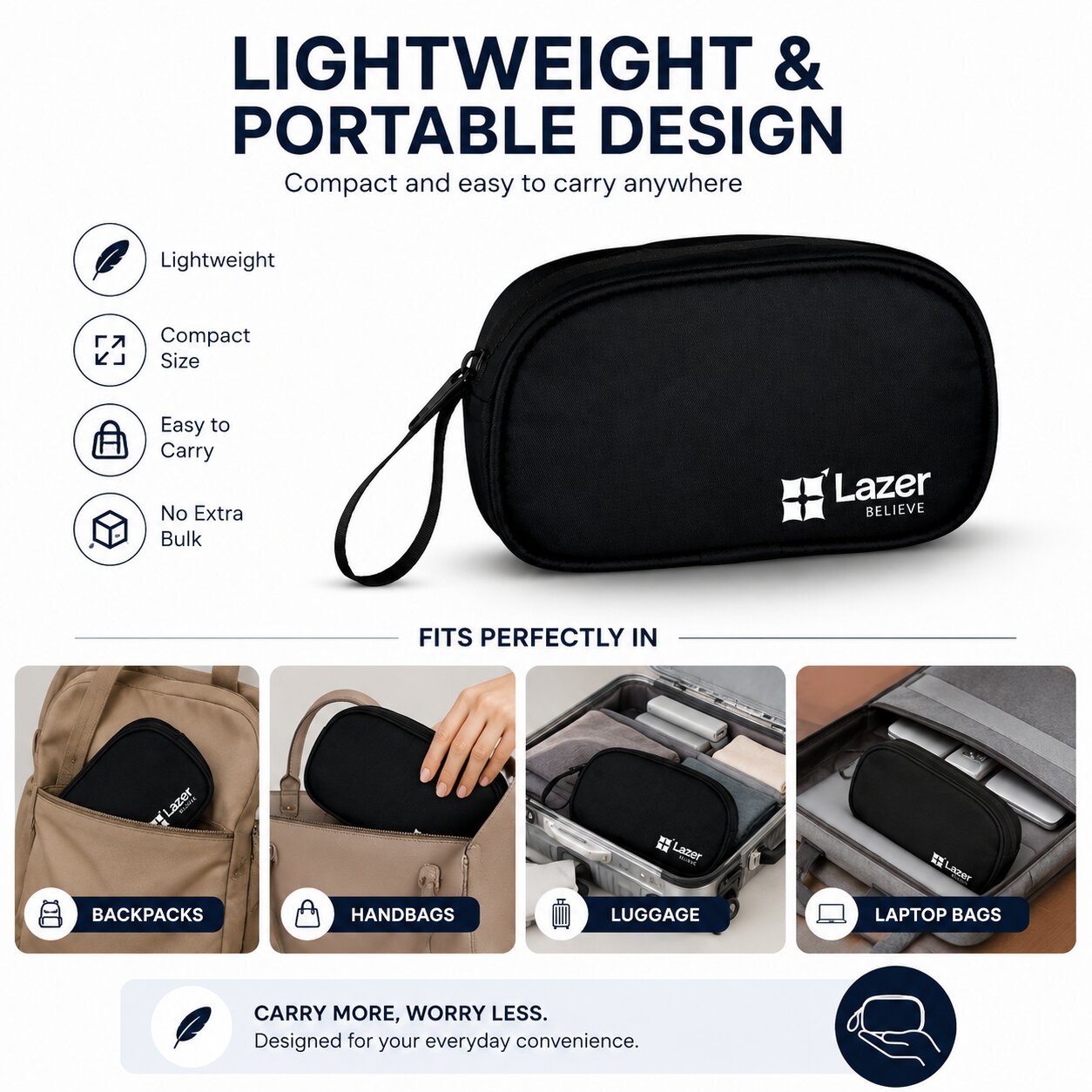 Lazer Premium Travel Pouch Multipurpose Organizer Bag for Toiletries, Cables, Stationery & Daily Essentials | Lightweight Zipper Carry Case for Travel, School & Office (Black)