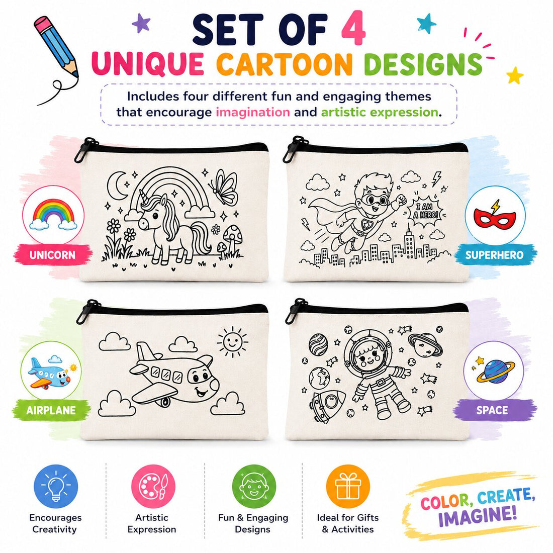 Lazer Coloring Pouch for Kids – Set of 4 DIY Canvas Pencil Bags | Superhero, Unicorn, Space & Airplane Themes | Art & Craft Gift for Boys & Girls