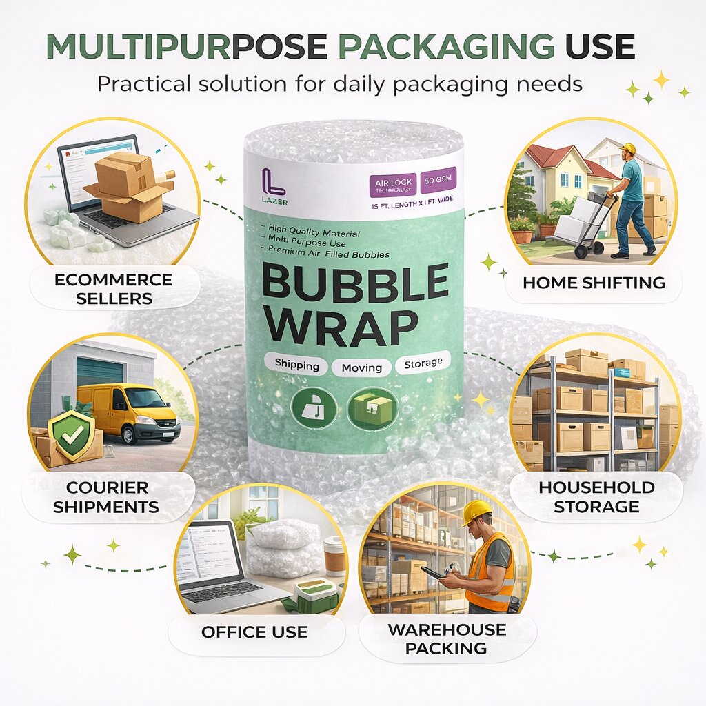 Lazer 50 GSM Pack of 2 Bubble Wrap Roll – 1 Ft Wide x 15 Ft Long, Thick Cushioning for Shipping, Moving & Storage
