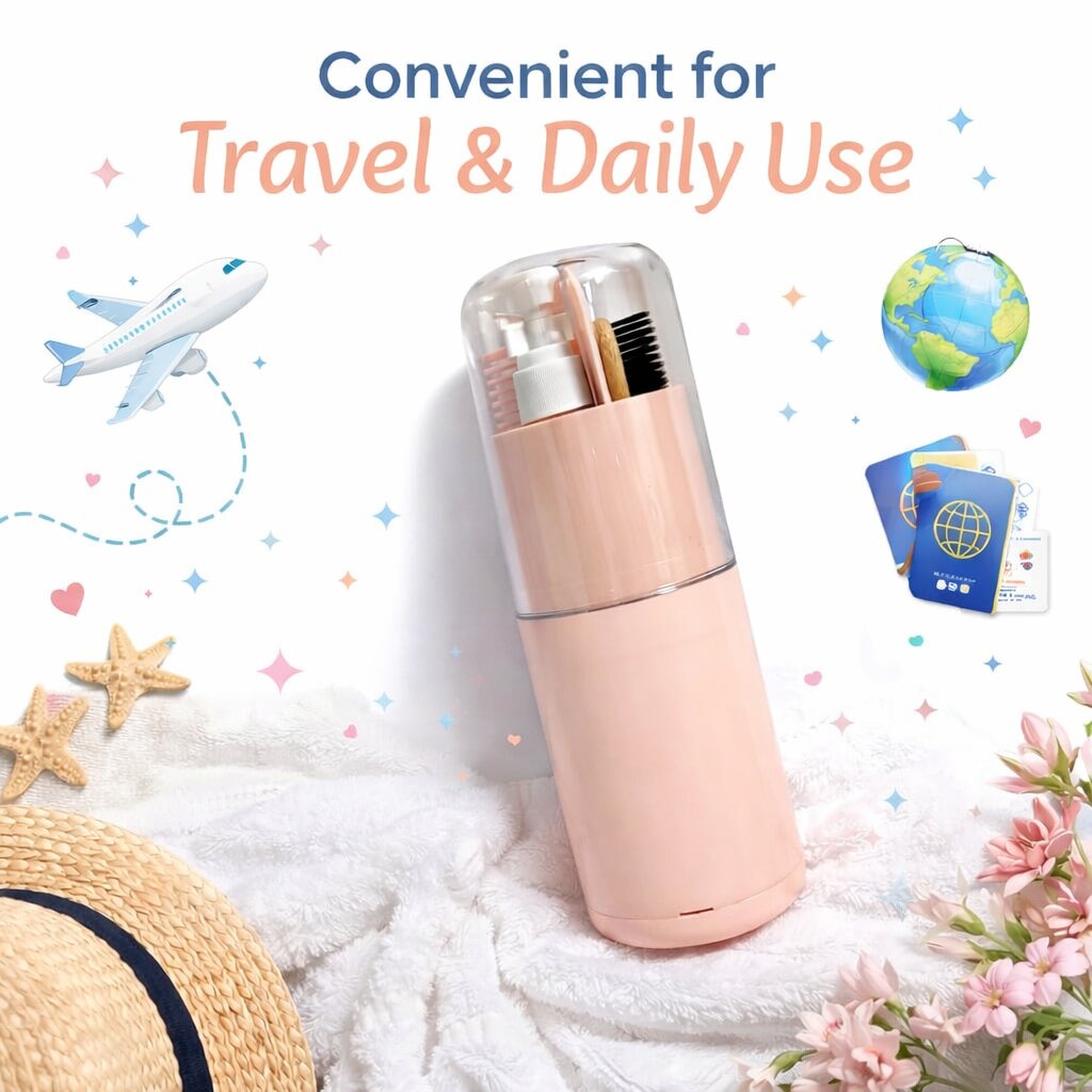 Lazer 7 in 1 Travel Kit for Toiletries, Compact Travel Essentials Set with Bottles, Toothbrush Holder & Leakproof Dispensers for Men & Women (Peach)
