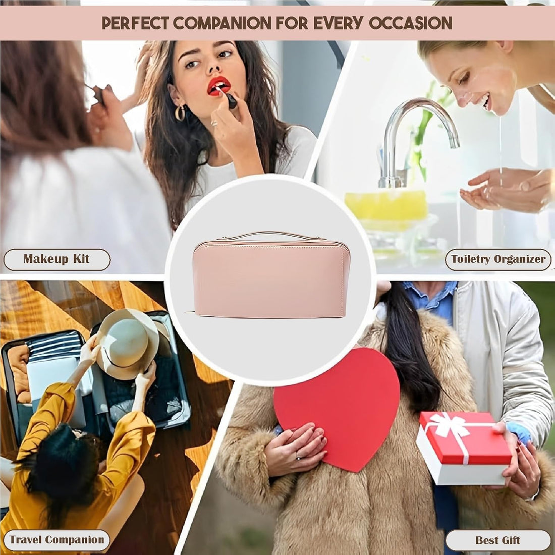 Lazer Travel Cosmetic Makeup Pouches for Women Travel Organizer Bag Portable Pouch Open Flat Toiletry Bag Make Up Organizer with Divider and Handle (Pink)