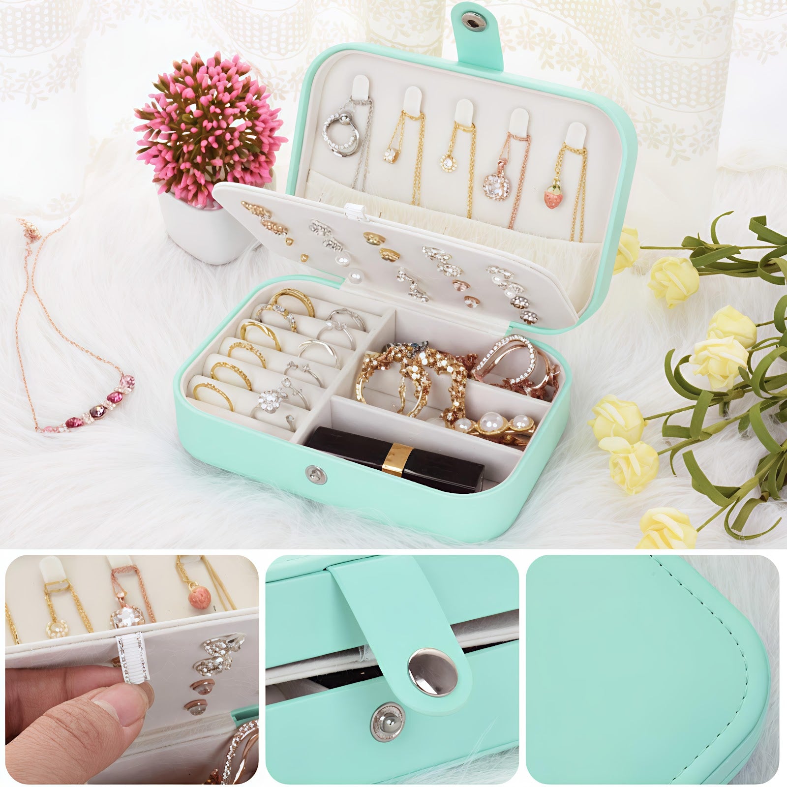 Lazer Jewellery Organiser PU Leather Zipper Portable Storage Box Case with Dividers Container for Rings, Earrings, Necklace Home Organizer