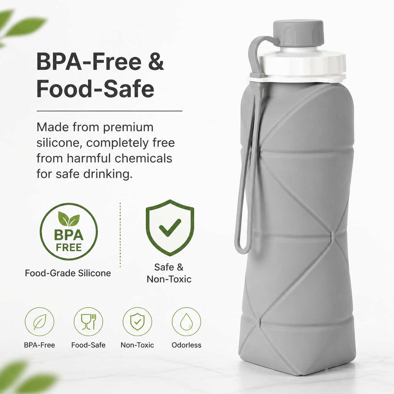 Lazer Silicone Foldable Travel Water Bottle 600ml – BPA-Free, Leakproof & Reusable for Hiking, Camping, Cycling, Yoga & Outdoor Sports (Grey)