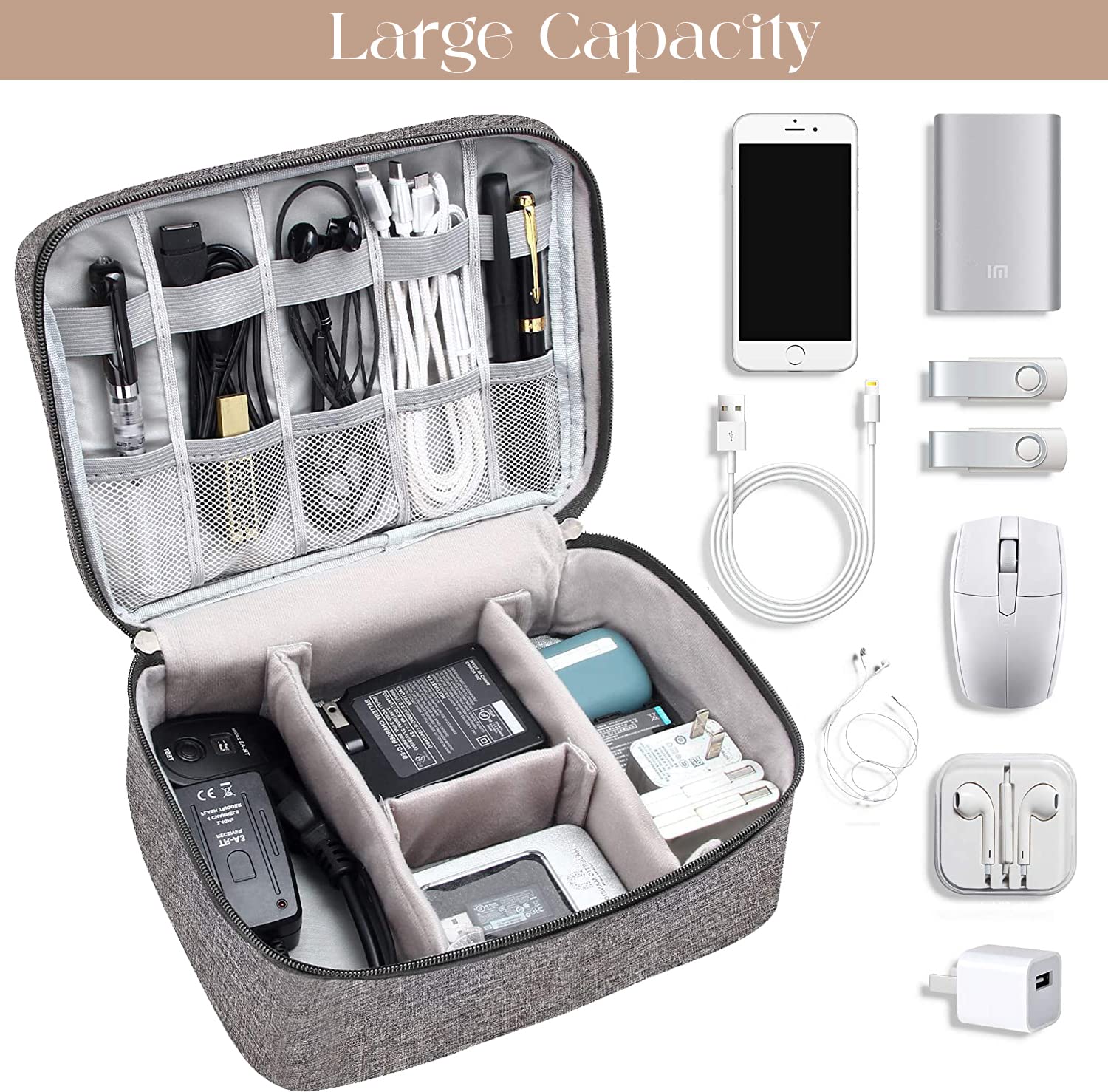 Lazer Polyester Electronics Accessories Organizer Bag, Universal Carry Travel Gadget Bag For Cables, Plug And More, Perfect Size Fits For Pad Phone Charger Hard Disk - Grey